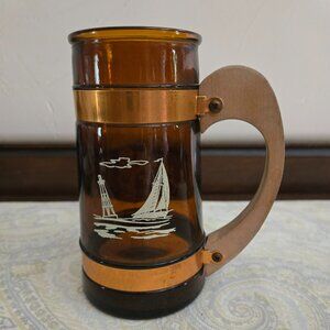 Vintage Siesta Ware amber glass mug w wooden handle Water Ski & Sailboat scenes